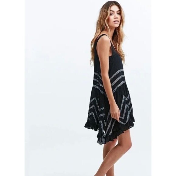 Free People Black Gray Tiered Ruffle Hem Voile & Lace Tiny Dots Mini Dress Tunic - Picture 2 of 16
